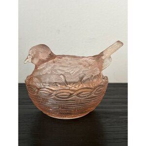 VTG Hsinch Pink Depression Glass Bird/Dove on Nest Covered Dish Farmhouse Granny